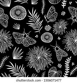 Seamless pattern. Moths in the night garden. Witch's garden. Butterflies, plants, flowers and herbs. Linear black and white illustration. Floristic oranment. Botanical illustration.
