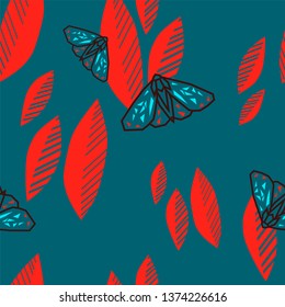 seamless pattern with moths on a dark green background with red leaves