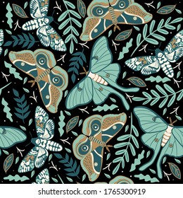 Seamless pattern with moths on a dark background. Vector graphics.