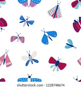 Seamless pattern with moths on white background. Backdrop with bright colored butterflies, flying insects. Vector illustration in flat style for fabric print, wallpaper, backdrop, wrapping paper.