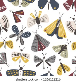 Seamless pattern with moths on white background. Backdrop with butterflies, flying insects with yellow and grey wings. Simple naive vector illustration for textile print, wallpaper, wrapping paper.