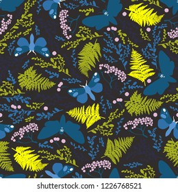 Seamless pattern with moths, plants and ferns at night. Vector illustration.