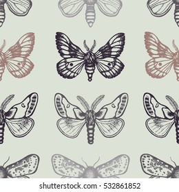 Seamless pattern with moths in retro style. Insects on a light background. Dotwork. Hand drawn. Vector illustration.