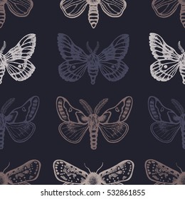 Seamless pattern with moths in retro style. Insects on a dark background. Dotwork. Hand drawn. Vector illustration.