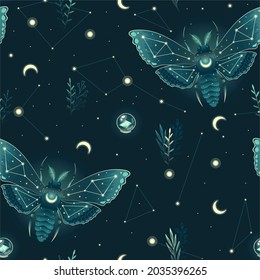 Seamless pattern with moths in the  starry sky. Night butterfly. Design for card, fabric, print, greeting, cloth, poster, clothes, textile.