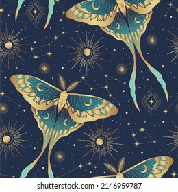 Seamless pattern with moths in the  starry sky. Night butterfly. Design for card, fabric, print, greeting, cloth, poster, clothes, textile.