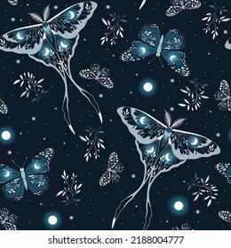 Seamless pattern with moths in the starry sky. Night butterfly. Design for card, fabric, print, greeting, cloth, poster, clothes, textile.