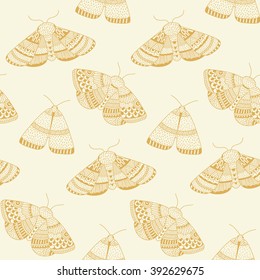 Seamless pattern with moths in zentagle style. Hand drawn vector illustration. Outlined doodle butterfly background.