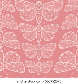 Seamless pattern with moths in zentagle style. Hand drawn vector illustration. Outlined doodle butterfly background.