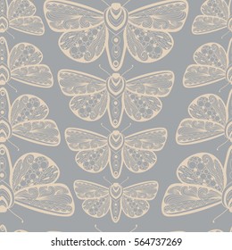 Seamless pattern with moths in zentagle style. Hand drawn vector illustration. Outlined doodle butterfly background.