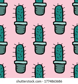 Seamless pattern motif doodle of free hand drawing sweet blue cactus on pastel pink background, easy beautiful pattern for making many kinds of graphic printing, textile and online media