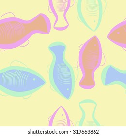 Seamless pattern of  motif with fishes. Fishes, ellipses, stripes, Hand drawn.
