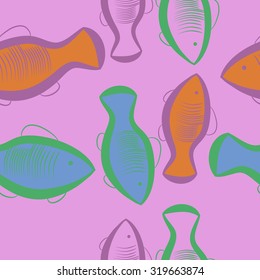 Seamless pattern of  motif with fishes. Fishes, ellipses, stripes, Hand drawn.