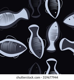 Seamless pattern of  motif with fishes. Fishes, ellipses, stripes, Hand drawn.