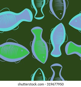 Seamless pattern of  motif with fishes. Fishes, ellipses, stripes, Hand drawn.