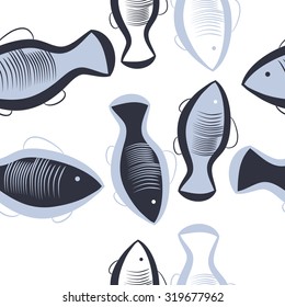 Seamless pattern of  motif with fishes. Fishes, ellipses, stripes, Hand drawn.