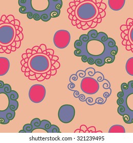 Seamless pattern of  motif with spirals, bagels, waves. Stripes,hole,spots,doodles, hand drawn.