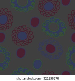 Seamless pattern of  motif with spirals, bagels, waves. Stripes,hole,spots,doodles, hand drawn.