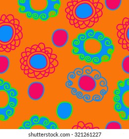 Seamless pattern of  motif with spirals, bagels, waves. Stripes,hole,spots,doodles, hand drawn.
