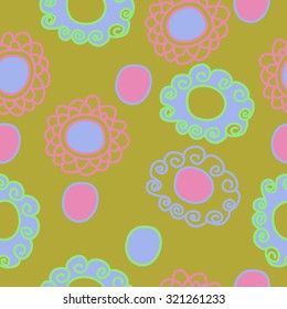 Seamless pattern of  motif with spirals, bagels, waves. Stripes,hole,spots,doodles, hand drawn.