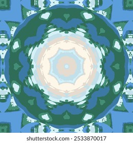 Seamless pattern motif. Vibrant intricate mandala pattern. Composed of concentric circles. Detailed geometric shapes in blue, green, and white. Central circular motif. Layers of intricate designs. 