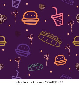 Seamless pattern with motifs of fast food, burgers, hot dogs and others
