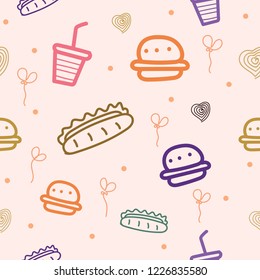 Seamless pattern with motifs of fast food, burgers, hot dogs and others