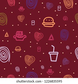 Seamless pattern with motifs of fast food variety, burgers, hot dogs and other abstract motifs