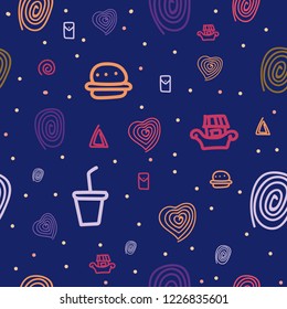 Seamless pattern with motifs of fast food variety, burgers, hot dogs and other abstract motifs