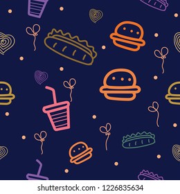 Seamless pattern with motifs of fast food, burgers, hot dogs and others