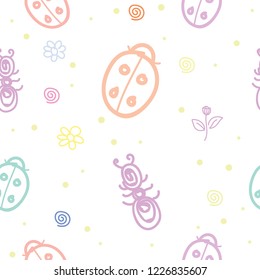 Seamless pattern with motifs of various insects, butterflies, beetles and ants