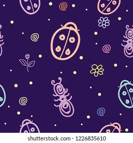 Seamless pattern with motifs of various insects, butterflies, beetles and ants