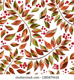 Seamless pattern of motley autumn leaves and berries on a transparent background. Vector image eps 8