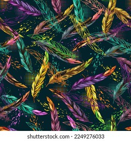 Seamless pattern with motley colorful feathers. Carnival background with flying feathers, grunge paint brush strokes, round halftone shapes behind.