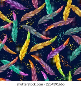 Seamless pattern with motley colorful feathers. Carnival background with flying feathers, grunge paint brush strokes, round halftone shapes behind.