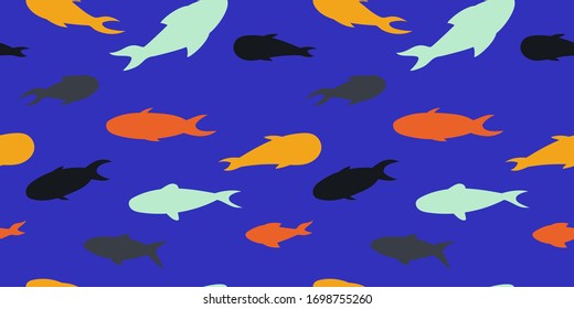 seamless pattern with motley fishes on a dark lilac background. Modern abstract design for paper, cover, fabric, interior decor