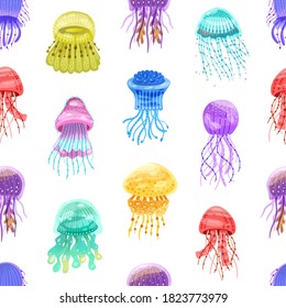 Seamless pattern of motley gradient jellyfish. Swimming glowing colorful medusa on repeatable background for textile. Flat vector cartoon textured illustration of ocean underwater inhabitants