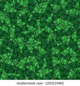 Seamless pattern. Motley green maple leaves lying on a background of square suns. Camouflage.