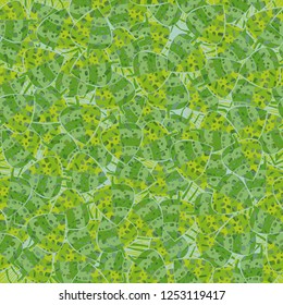 Seamless pattern. Motley green maple leaves lying on a background of square suns. Camouflage.