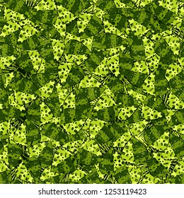 Seamless pattern. Motley green maple leaves lying on a background of square suns. Camouflage.