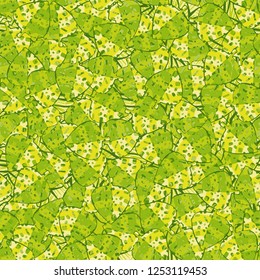 Seamless pattern. Motley green maple leaves lying on a background of square suns. Camouflage.