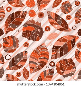 A seamless pattern with motley painted autumn leaves in grunge style on a striped background with diagonal stripes and dots. Vector image. Eps 8