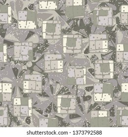 Seamless pattern. Motley sewn patches and abstract elements. Multicolor.