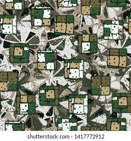 Seamless pattern. Motley sewn patches and abstract elements. Multicolor.