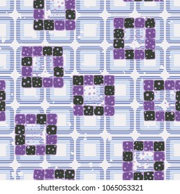 Seamless pattern. Motley square frames on a background of checkered texture. Stylish textiles. Fashionable wallpaper.
