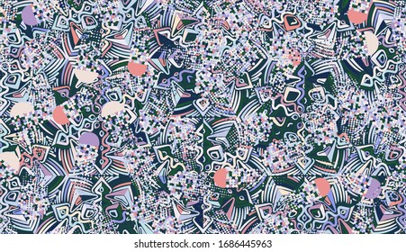 Seamless pattern. Motley texture. Chaos of color. Snowflakes arranged in a honeycomb. A lot of colors. Contains symbolic comets.