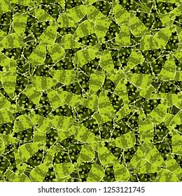 Seamless pattern. The motley-green leaves of maple lying on a background of coarse and openwork weaving. Camouflage.