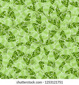 Seamless pattern. The motley-green leaves of maple lying on a background of coarse and openwork weaving. Camouflage.