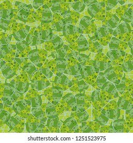 Seamless pattern. Motley-green leaves in random order are placed on a substrate of a grid. Camouflage style.