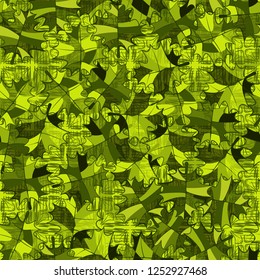 Seamless pattern. The motley-green leaves are scattered randomly against the background of three-layer patterns. Camouflage style.